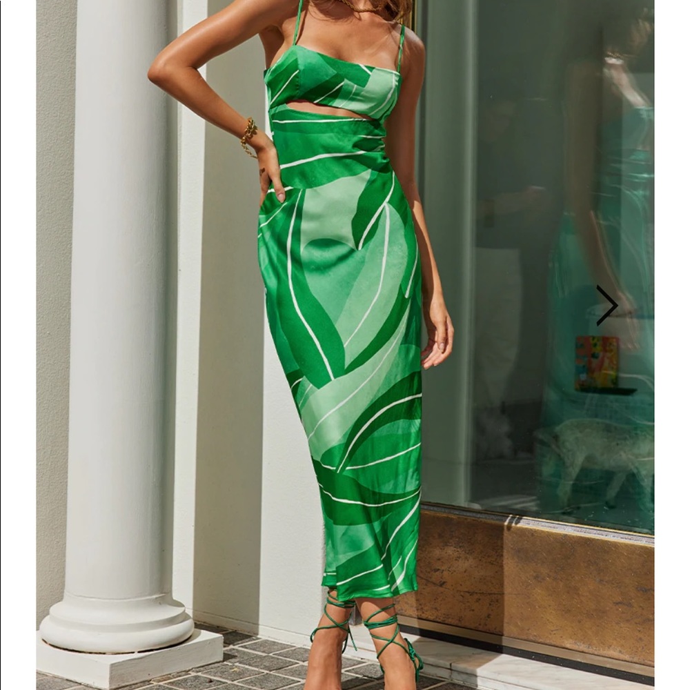 Runaway The Label (Australia). Rowena Slip Dress - Green Leaf. Midi Length Dress